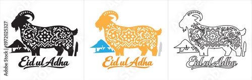 Eid ul Adha goat silhouette, colored and outline with mosque background and knife symbolizing ritual sacrifice