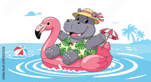 Happy hippo wearing a floral swimsuit and straw hat relaxes on a pink flamingo inflatable ring while floating on blue ocean water in summer.