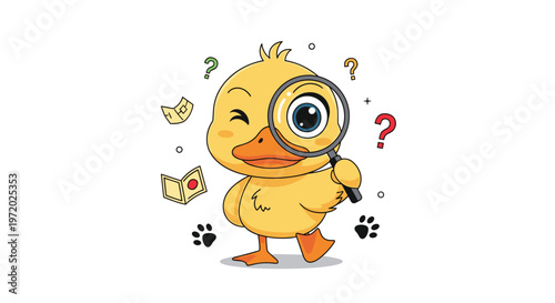 Curious yellow duckling holding a large magnifying glass and searching for clues with question marks and paw prints surrounding its small body.