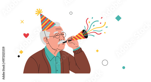 Joyful elderly man with glasses and a colorful party hat celebrates an occasion by blowing a striped party horn with confetti in the background.