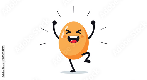 Cheerful cartoon egg character with arms and legs jumping for joy with a big smile and excited expression against a clean white background.