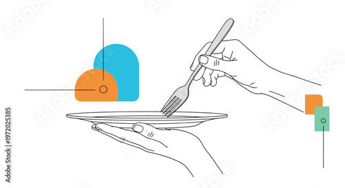 Elegant line drawing of human hands holding a white dinner plate and a fork with colorful abstract geometric shapes in the background setting.