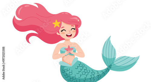 Beautiful mermaid with long flowing pink hair and a turquoise tail smiles while holding a small pink starfish to her chest in a magical scene.