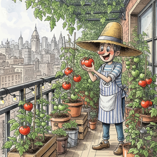 Joyful Gardener with Ripe Tomatoes on City Balcony.