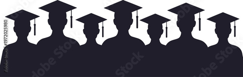 Silhouette of diverse graduates wearing caps and gowns, celebrating achievement