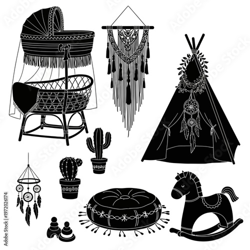 A set of black and white vector illustrations of baby nursery decor and bohemian items