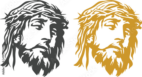 Jesus Christ portrait icon set with crown of thorns and Christian symbols including cross and crucifix on white background, ideal for religious and spiritual designs.