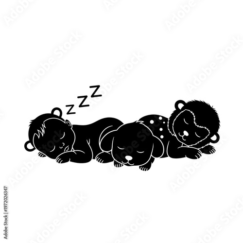 A black and white illustration of three sleeping puppies with a peaceful expression