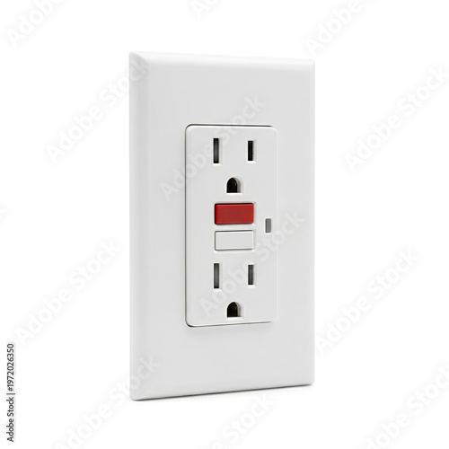 White electrical outlet with a red reset button for safety.