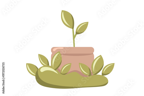 Eco Sprouting plant in pot surrounding leaves hand drawn illustration for eco growth, sustainability and green lifestyle concepts.