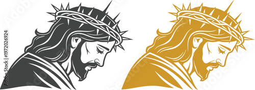 Jesus Christ portrait icon set with crown of thorns and Christian symbols including cross and crucifix on white background, ideal for religious and spiritual designs.