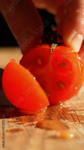 Fresh Tomato Being Sliced on Wooden Surface