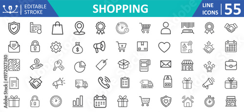 Ecommerce and Shopping Line Icon Set – Online Store, Delivery, Retail Editable Stroke Vector