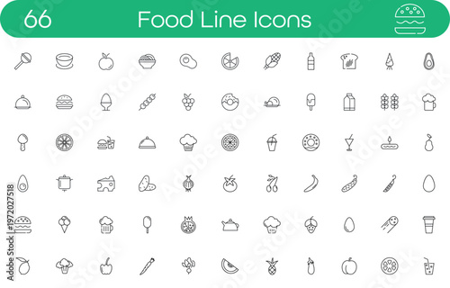 Large collection of food and grocery line icons. Linear vector symbols with fruit, vegetables, meat, drinks, and sweets. Perfect for restaurant menus, grocery store apps, and healthy eating design.