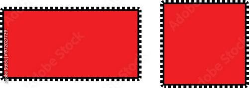 Two red postage stamp mockup blank isolated on transparent background. Two film frames with black and white perforations