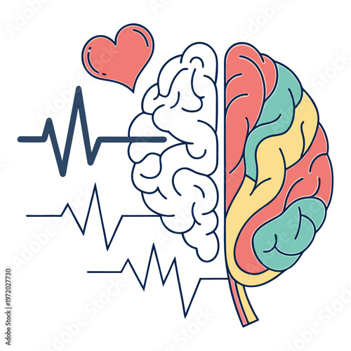 Two hemispheres of human brain with heart symbol and multiple electrocardiogram waves representing emotional and cognitive health.