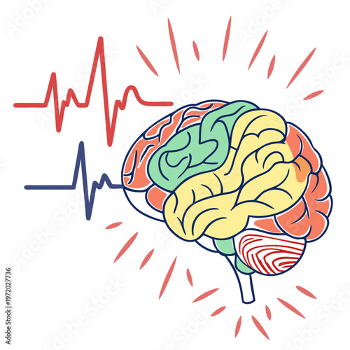 Brain activity and vital signs illustrating neural impulses and mental state with radiating energy and waves on white.