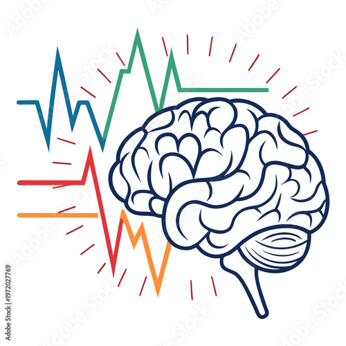 Navy blue line drawing of human brain with radiating red dashed lines and colorful jagged peaks symbolizing intellectual power and mental stimulation.