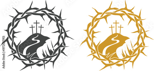 Jesus Christ portrait icon set with crown of thorns and Christian symbols including cross and crucifix on white background, ideal for religious and spiritual designs.