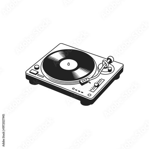 A black and white illustration of a vintage record turntable