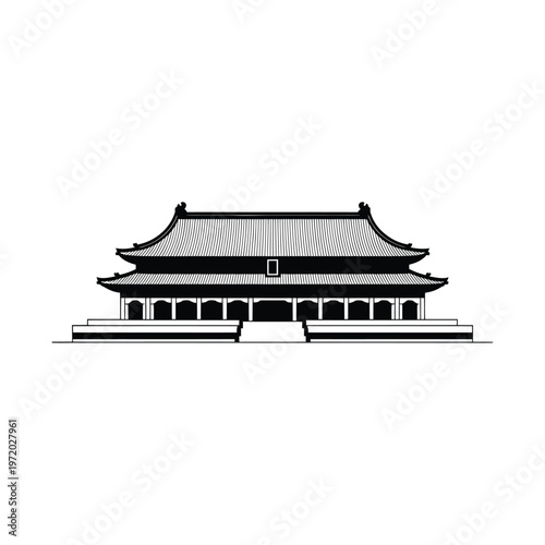 Detailed black and white illustration of a traditional chinese building