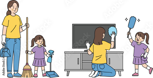 Vector Illustration of a Mother and Daughter Cleaning Together, Representing Household Chores and Family Bonding