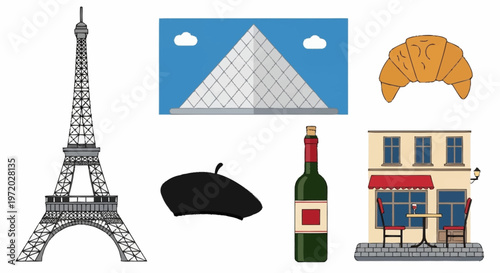 Iconic France Travel Symbols Eiffel Tower, Pyramid, Croissant, Beret, Wine, and Parisian Cafe