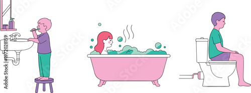 Vector Illustration of Children Performing Daily Hygiene Activities, Including Brushing Teeth, Bathing, and Using the Toilet