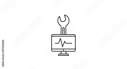 A minimalist icon depicts a wrench above a computer monitor displaying a waveform