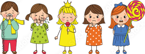 Vector Illustration of Children Expressing Different Emotions, Representing Feelings of Sadness, Discomfort, and Disappointment