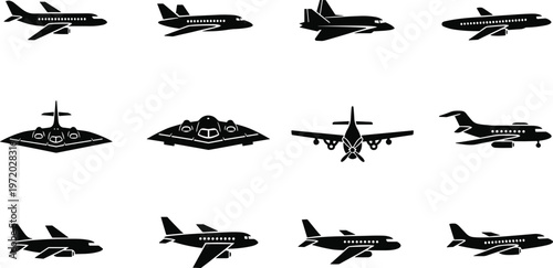 Airplane silhouettes vector set, mixed commercial and military aircraft collection, aviation transport design elements isolated on clean background