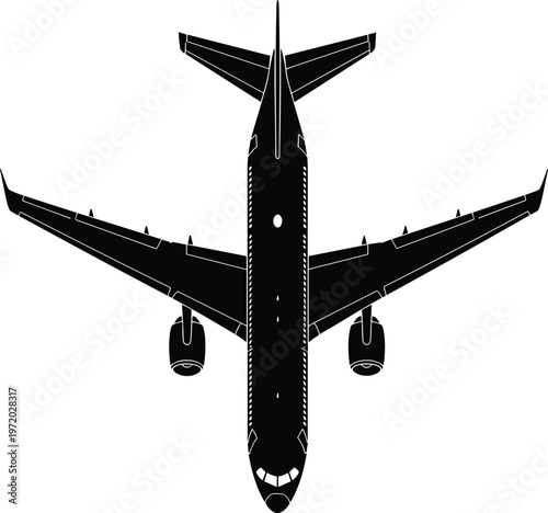 Black silhouette of commercial airplane viewed from above with wings, engines, tail stabilizers, and streamlined fuselage isolated