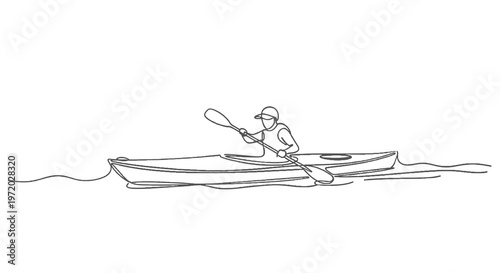 A single-line drawing of a person kayaking on water. Focus is on movement and simplicity