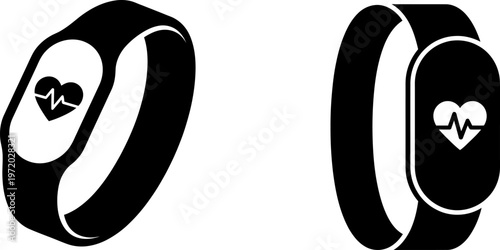 Two black silhouettes of fitness trackers featuring heart rate monitor icons on white background
