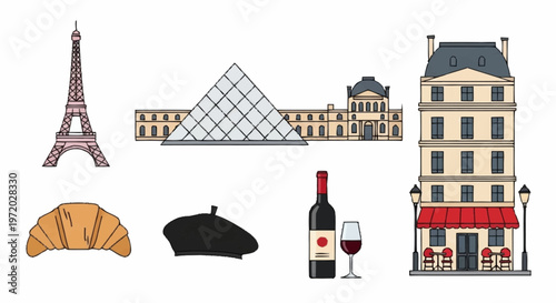 Charming vector illustration set showcasing iconic French travel destinations, delicious food, fine wine, and cultural symbols of Paris