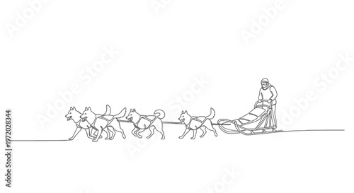 Single-line drawing depicting a dog sled team and musher in snowy landscape