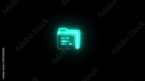 Glowing magenta neon documents icon representing digital files and data on a black background. Computer network file folder organization structure.
