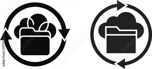 Black and white icons representing cloud storage synchronization and file backup system processes