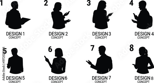 Business people silhouettes with communication gestures and smartphone interaction, corporate professionals concept set isolated on white background vector illustration