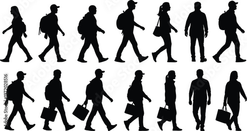 Collection of walking people silhouettes with backpacks and bags representing urban lifestyle, commuting, travel, and daily activity isolated on white background