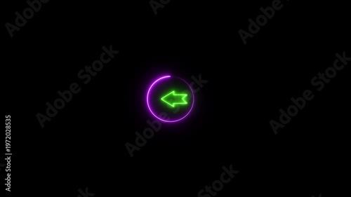 Neon arrow symbol icon. Abstract circle neon left arrow icon animation on black background.