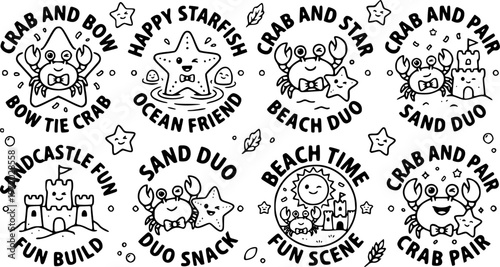 Cute smiling crab with bow tie and happy starfish next to sandcastle bucket shovel and ocean wave vector icons