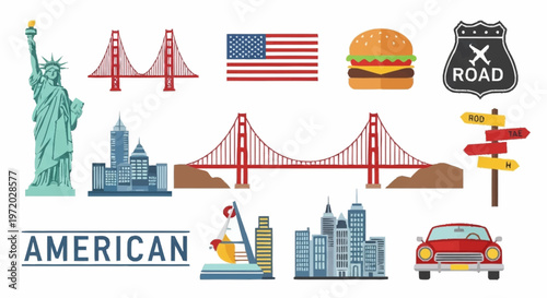 United States travel vector set featuring iconic American landmarks, diverse cultural symbols, and popular destinations, ideal for creative design projects