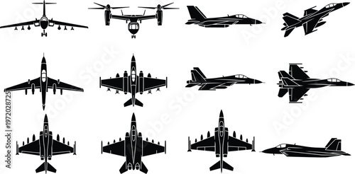 Military aircraft silhouettes set, fighter jets and transport planes collection, aviation vector icons, top and side views isolated on clean background