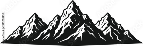 Mountain range silhouette vector illustration, majestic alpine peaks in black and white for nature, adventure and outdoor design use
