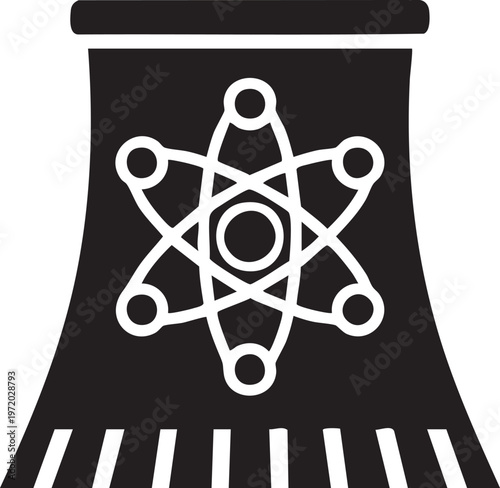 Nuclear reactor, atomic energy, power plant icon, black and white vector symbol