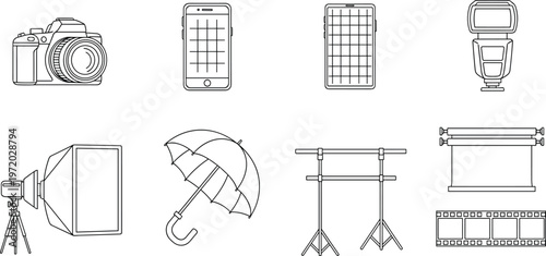 Photography equipment outline vector set, camera smartphone lighting gear and studio accessories collection, creative tools isolated on clean background