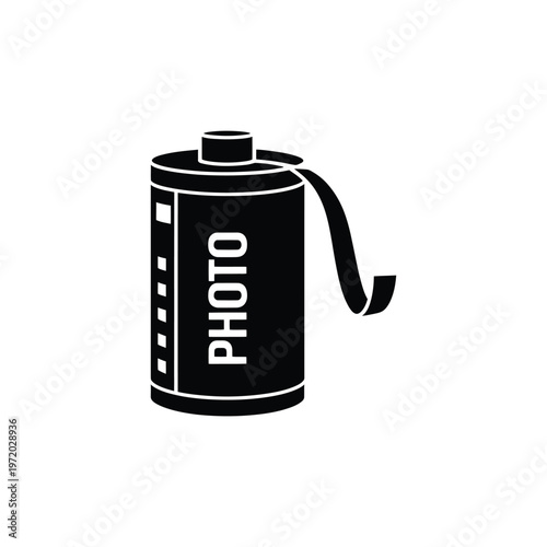 Simple black silhouette of a 35mm film roll with photo text