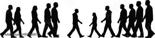 Silhouette of people walking in profile, diverse crowd movement collection in black and white vector for urban lifestyle design use