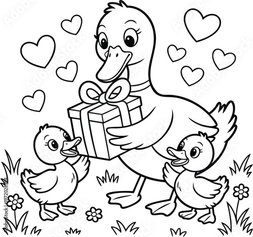 Mother duck and ducklings receiving a gift, hearts and flowers, line art